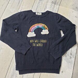 H&M Kids Will Change the World Blue Sweater - Sequin Rainbow - Size 6-8Y